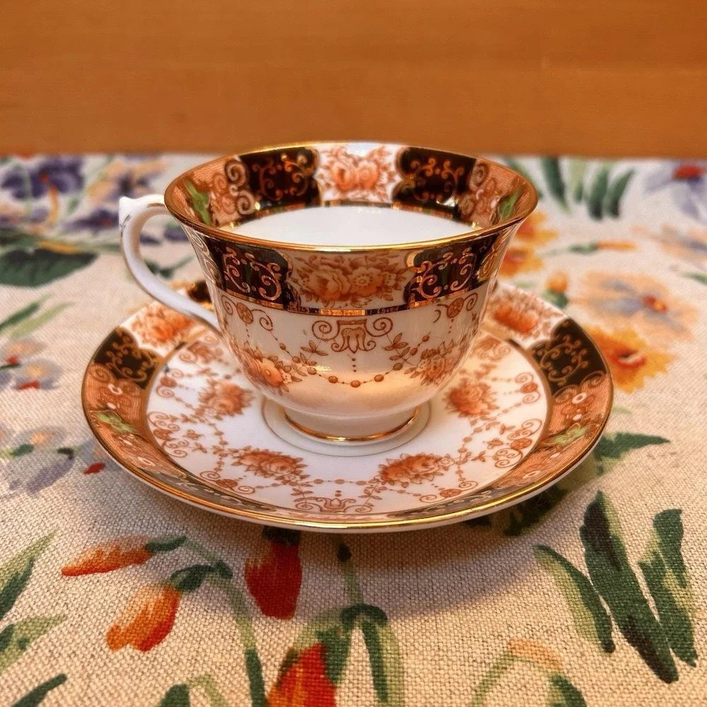 VTG Royal Albert Black Orange Roses Gold Gilt Imari Style Cup Saucer Tea Party